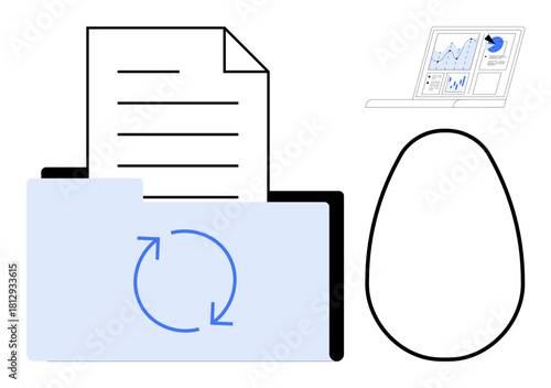 Document in a file folder with refresh icon, egg shape figurative design, and digital graphs. Ideal for data management, innovation, technology, research, process, minimalism simple flat metaphor