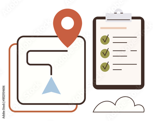 Map path with location pin, clipboard checklist, and cloud icon. Ideal for direction, planning, navigation, project management, tracking, organization productivity simple flat metaphor