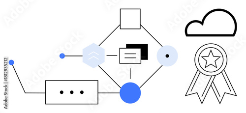 Flowchart links various activities including files, connectors, and decisions, with cloud icon and star award badge. Ideal for strategy, workflow, technology, innovation, productivity success