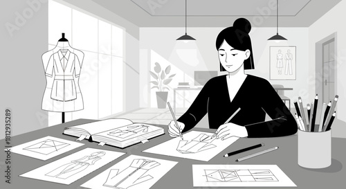 Fashion designer sketching in her studio, turning creative ideas into fashion apparel
