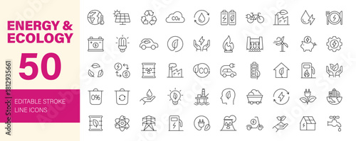 Energy and Ecology icon set. Editable line icons. Vector illustration.
