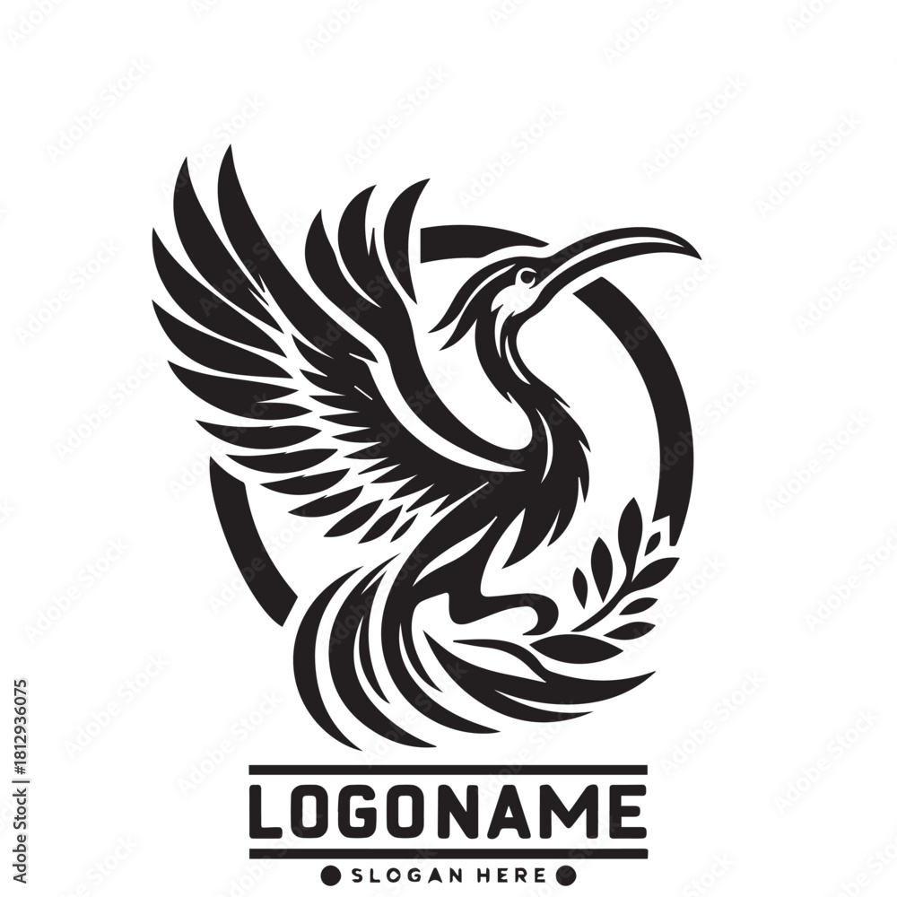 Obraz premium A black and white logo featuring a stylized phoenix bird with outstretched wings and a curved beak, partially contained within a circle outline, with a leafy branch below.