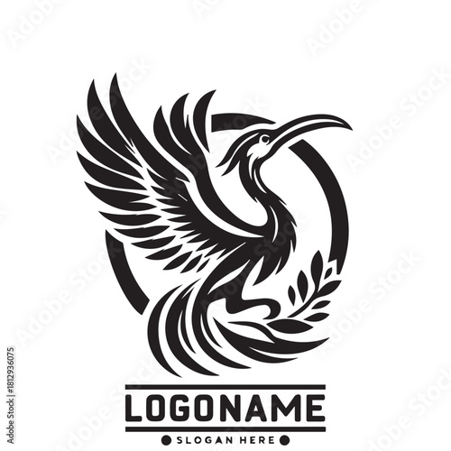 A black and white logo featuring a stylized phoenix bird with outstretched wings and a curved beak, partially contained within a circle outline, with a leafy branch below.