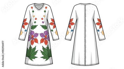 Technical fashion illustration showcasing garment design with detailed technical specifications and color variations