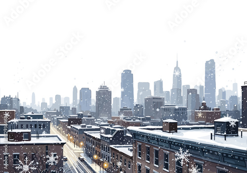Snowy city skyline with buildings and snowfall in winter scene  
