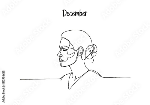 Woman's profile illustration with the word December above her  
