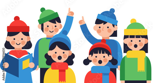 Group of children singing carols in winter hats celebrating Christmas and New Year  