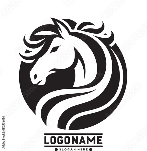 A black and white circular logo featuring a horse's head with a flowing mane, all enclosed within a solid black circle, highlighting the white form.