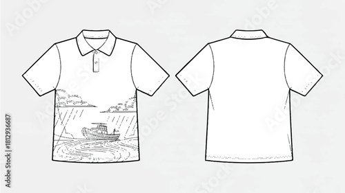 Detailed technical fashion illustration showcasing apparel design elements with color and font variations