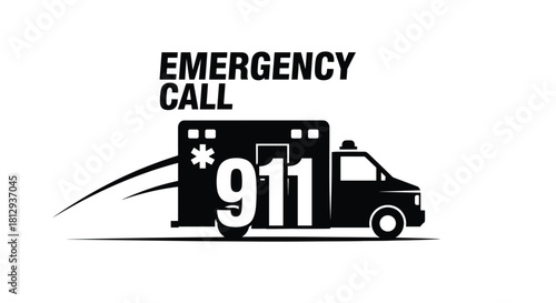 Quick emergency call with ambulance ready to save lives call 911 in case of emergency black and white ambulance ready to go with emergency call, Generative AI.