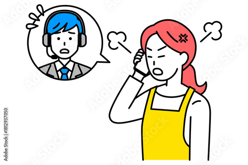 カスタマーサポートに電話で怒るエプロン姿の女性