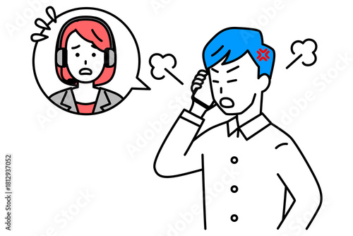 カスタマーサポートに電話で怒る若い男性