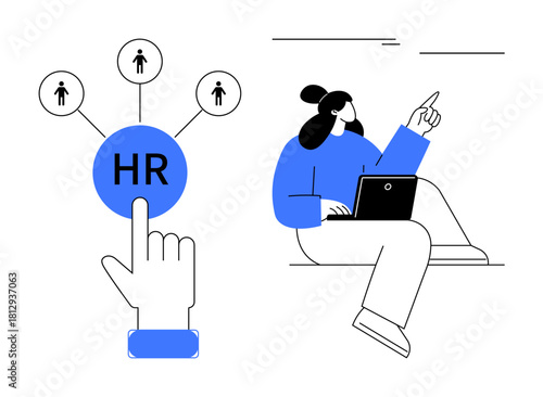 HR button clicked with person icons linked above and woman working on a laptop gesturing upward. Ideal for human resources, recruitment, hiring, workforce management, career growth, digital tools