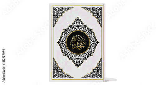 Elegant Quran design with intricate gold detailing offers spiritual insight and reflection perfect for Ramadan or Eid celebrations and promoting faith, Generative AI.