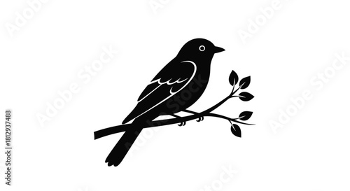 Elegant monochrome silhouette of a songbird perched on a leafy branch evoking nature's simple beauty and peaceful moments in black and white, Generative AI.