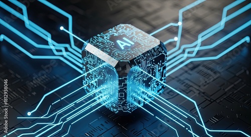 Perspective view of 3D AI logic processor icon with circuit connections