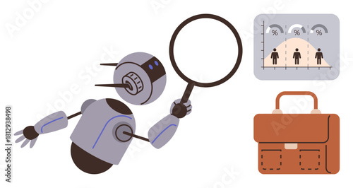 Robot holding magnifying glass examines business analytics chart next to a briefcase. Ideal for automation, AI, data analysis, workforce optimization, business strategy, innovation, futuristic