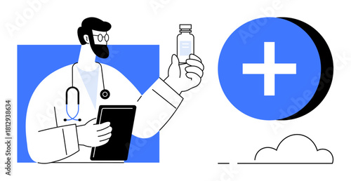 Healthcare concept. Healthcare professional holding medical prescription with a tablet. Healthcare modern practices with graphic medical icon. For telemedicine, medical apps, patient care, education