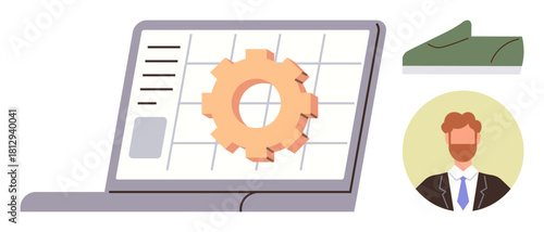 Laptop with gear on grid screen symbolizing process male avatar and message representing communication. Ideal for teamwork, workflow, process management, business, communication, online