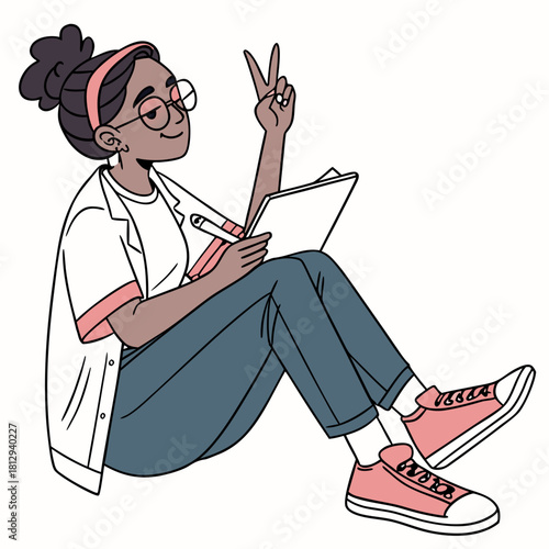 "Cartoon depicting a Latina woman wearing glasses, sitting cross-legged and holding a clipboard, giving a thumbs-up, against a pure white background."