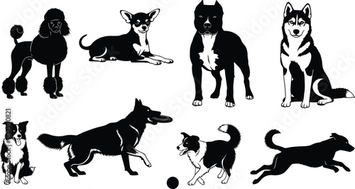 A collection of eight popular dog breeds silhouettes vector illustration set, featuring different dog poses, representing pets, loyalty, training, companionship, and canine animal concepts.