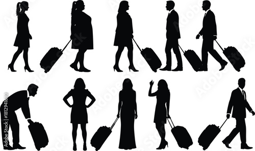 Business people and travelers with luggage vector silhouettes set, depicting men and women walking, standing, and preparing for professional, airport, and corporate travel.