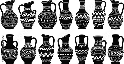 Collection of ancient Greek amphorae and jugs silhouettes, decorated with various geometric and tribal patterns, representing pottery, history, and Mediterranean culture, isolated on white.