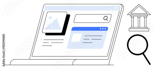 Laptop screen showing a search bar, documents, and image results. Magnifying glass and library icon symbolize research, learning, analysis, and knowledge exploration. Ideal for education, technology