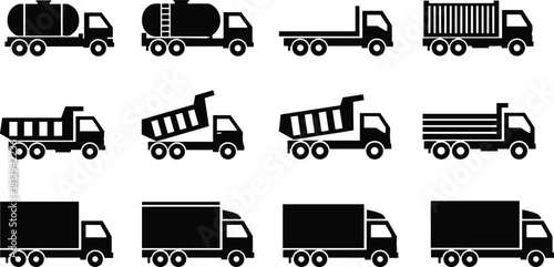 Collection of commercial transport and freight trucks silhouettes, featuring various body styles like tanker, dump, flatbed, and box trucks, perfect for logistics and 