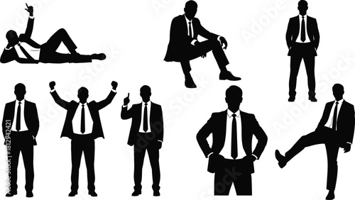 Collection of confident businessmen silhouettes in various dynamic and successful poses, celebrating victory, leading, and relaxing, perfect for corporate and motivational design, isolated on white.
