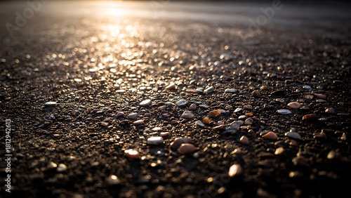 Fototapeta Naklejka Na Ścianę i Meble -  Macro closeup of wet asphalt reflecting warm sunlight with small pebbles ideal for texture and background use
