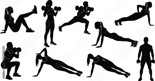 Collection of dynamic men and women silhouettes performing various bodyweight and dumbbell exercises, representing fitness, strength training, healthy lifestyle, and gym workout concepts, isolated 
