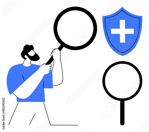 Man inspecting through magnifying glass, blue shield with a cross, emphasizing health, protection, security. Ideal for healthcare, analysis, research, safety medical care inspection simple flat