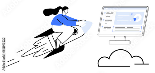 Woman on rocket propels towards computer monitor displaying data analytics and charts. Ideal for business growth, technology, innovation, speed, analytics, progress, futuristic concepts. Simple flat