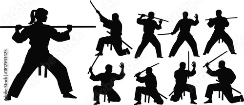Collection of martial arts fighters silhouettes in dynamic Samurai and Kendo poses, wielding katanas and training staffs, representing Japanese culture, 
