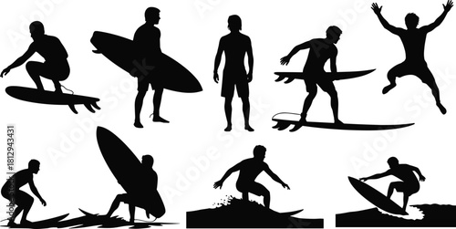 Collection of men surfing and holding surfboards silhouettes, featuring various dynamic poses on waves, representing water sports, summer beach life, and extreme ocean recreation, isolated on white.