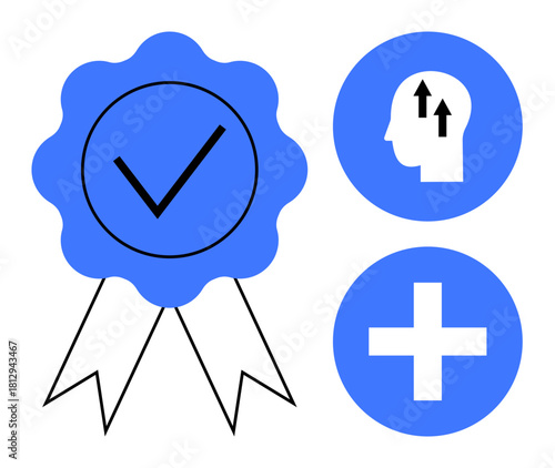 Certification icons. Certification theme with a checkmark ribbon, human head growth, and healthcare plus symbol. Certification in business, growth, healthcare education, motivation
