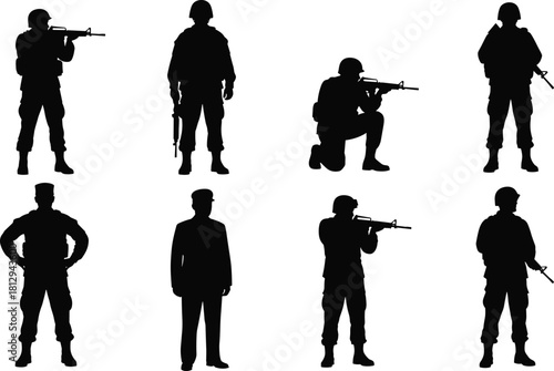 Collection of modern military soldiers silhouettes in various poses, including standing, aiming, and kneeling with assault rifles, ideal for army, defense, and combat concepts, isolated on white.