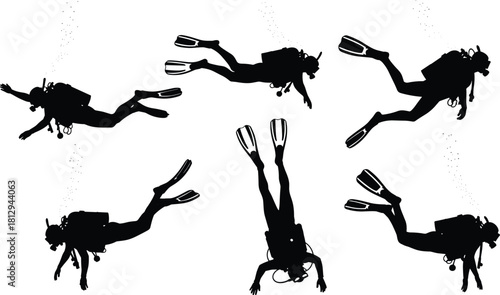 Collection of professional scuba divers silhouettes in various underwater poses with fins and oxygen tanks, representing diving, adventure, and marine exploration concepts, isolated on white.