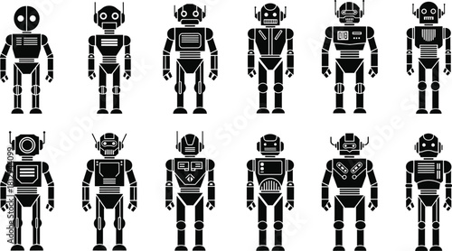 Collection of retro humanoid robot silhouettes in various vintage styles, representing artificial intelligence, science fiction, technology, and futuristic concepts, isolated vector icons on white.