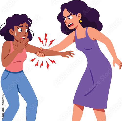Angry woman grabbing arm of scared woman with red lightning bolts on white background conflict argument
