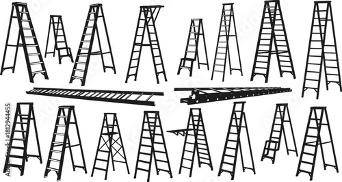 Collection of various utility and extension ladders silhouettes, including A-frame and straight types, perfect for construction, repair, work, and safety design projects, isolated on white.