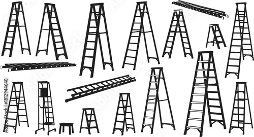 Construction and Household Ladder Silhouettes Vector Set, Step Ladders, Extension Ladders, and Scaffolding Equipment, Work Safety, Repair Tool, and Home Renovation Graphic Illustration, Isolated.