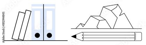 Books leaning on binders, crumpled paper symbolizing brainstorming and draft ideas, pencil emphasizing writing and creativity. Ideal for office, productivity, brainstorming, organization, learning