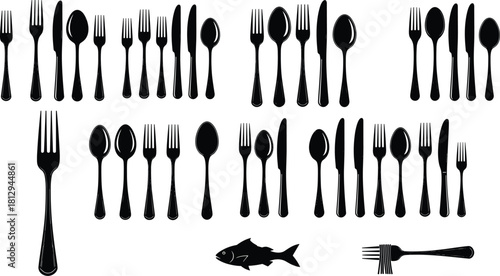 Cutlery and Kitchen Utensils Silhouettes Vector Illustration Set, Forks, Spoons, Knives, and Fish Design, Dinnerware Collection for Restaurant Menu and Tableware Decoration, Isolated on White.
