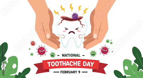 Cartoon Tooth in Pain Surrounded by Germs and Lightning Bolts for Toothache Day Keywords: toothache day, tooth, pain, sad, crying, germs, bacteria