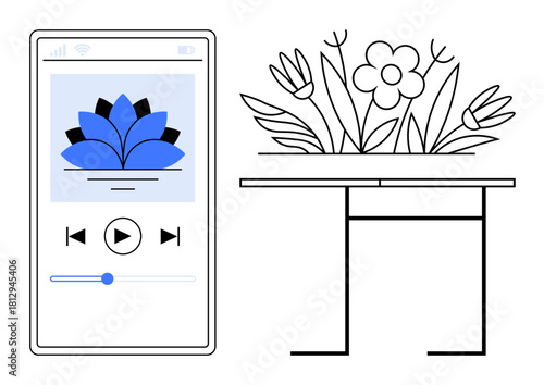 Smartphone displaying a meditation app alongside a floral arrangement on a table. Ideal for wellness, mindfulness, relaxation, meditation, digital lifestyle, self-care, and tranquility concepts