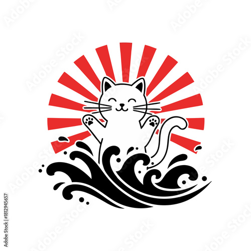 Happy Japanese Maneki Neko Cat in Ukiyo-e Wave / Kawaii Lucky Cat Rising Sun