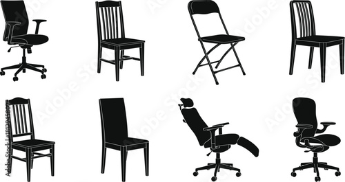 Diverse collection of chair silhouettes vector illustration, featuring modern office chairs, classic wooden seating, folding chairs, and reclining furniture for interior design and decor concepts.