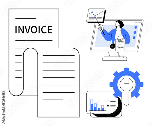 Invoice management. Invoice tracking and analysis with business tools and graphs. Invoice improving efficiency in financial operations. For accounting, finance apps, business projects, startups
